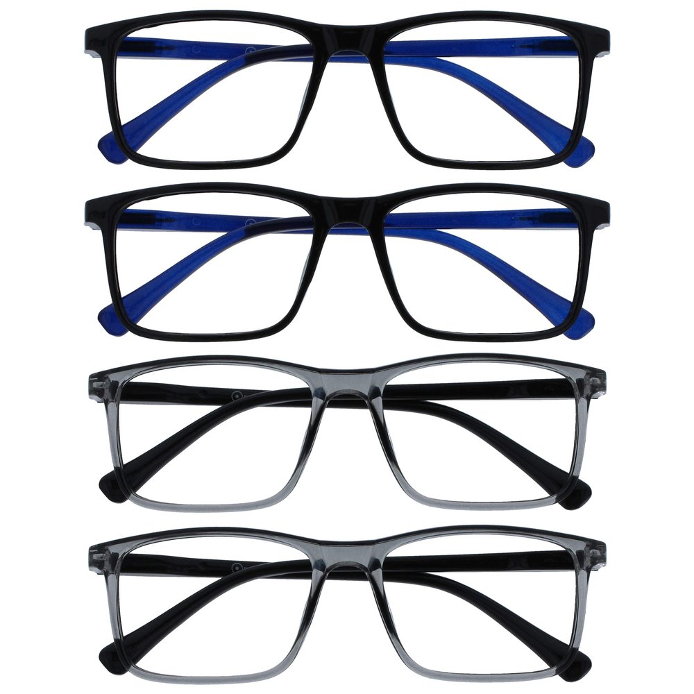 OPULIZE INK Reading Glasses - Value 4 Pack - Large Rectangular Frame - Spring Hinges - Scratch Resistant - Black Grey - Mens Womens +2.50