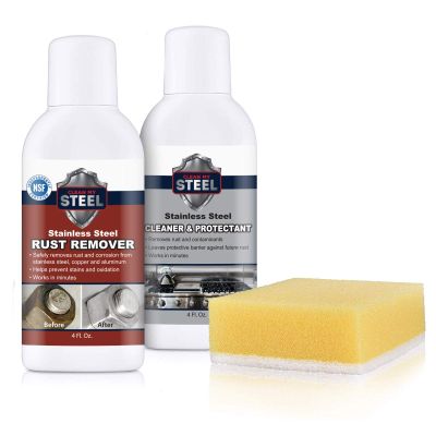 CLEAN MY STEEL Stainless Steel Rust Remover and Protector Kit, NSF Certified, 4 oz, Includes B570 Rust Remover, B580 Cleaner and Protector, Sponge and Gloves