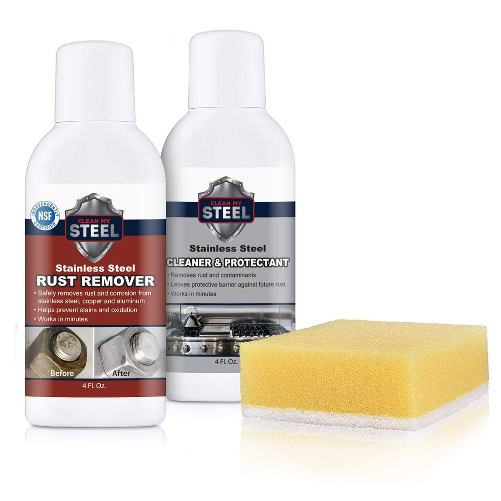 CLEAN MY STEEL Stainless Steel Rust Remover and Protector Kit, NSF Certified, 4 oz, Includes B570 Rust Remover, B580 Cleaner and Protector, Sponge and Gloves