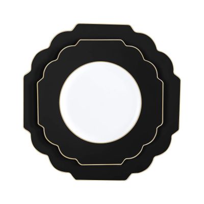 10.7" Black/Gold Flower Dinner Plates /20Pk