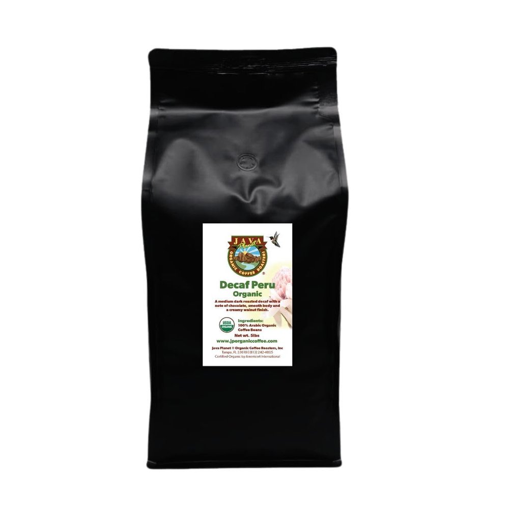 Low Acid Organic Coffee  Whole Bean, Mold-Free & Stomach Friendly by Java Planet, Peruvian Single Origin Decaf Coffee, Water Process, Medium Dark Roast, Smooth Full Flavored, 5LB Bag
