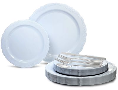 OCCASIONS 360 Pcs set (60 guest) Wedding Disposable Plastic Plate and Silverware Combo 10" + 7.5" + Silverware (Double Fork) (Verona in Blue, Silver Silverware)
