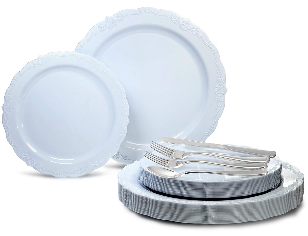 OCCASIONS 360 Pcs set (60 guest) Wedding Disposable Plastic Plate and Silverware Combo 10" + 7.5" + Silverware (Double Fork) (Verona in Blue, Silver Silverware)