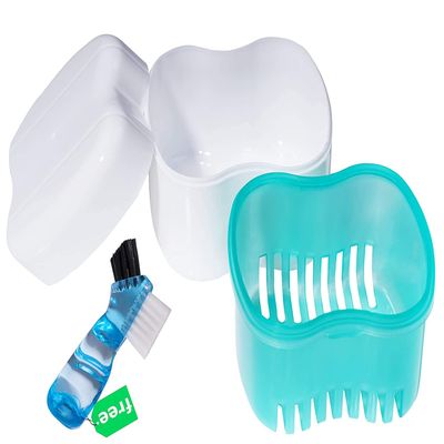 Denture Brush Retainer Case, Denture Case,Denture Cups Bath,Dentures Container with Basket Denture Holder for Travel,Mouth Guard Night Gum Retainer Container (Green)