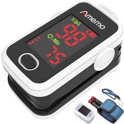 Amemo Pulse oximeter with alarm function, OLED display oxygen monitor fingertip, Blood oxygen saturation monitor (SpO2) with Carrying case, Silicone cover, Batteries and Lanyard