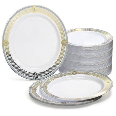 " OCCASIONS " 120 Plates Pack, Disposable Wedding Party Plastic Plates (7.5'' Appetizer/Dessert Plate, Royal in White/Blue & Gold)