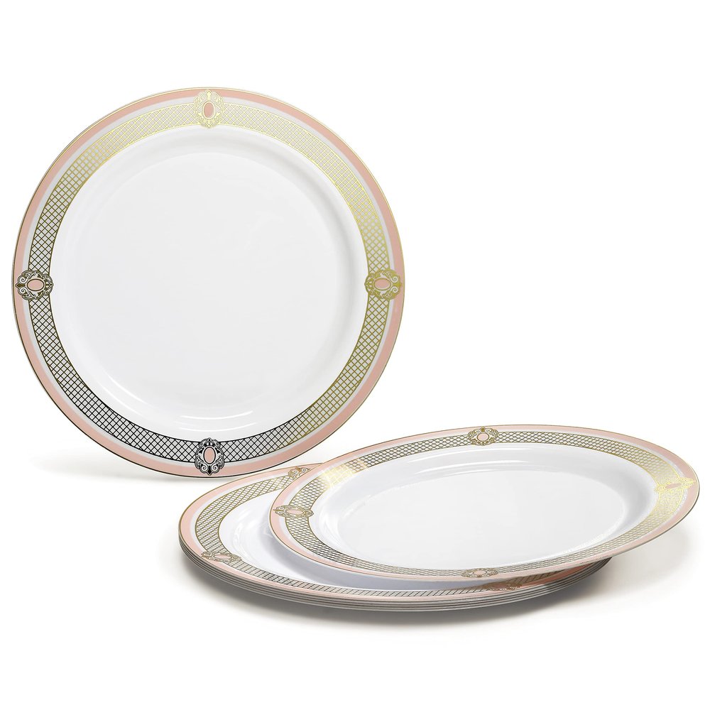 " OCCASIONS " 60 Plates Pack, Disposable Wedding Party Plastic Plates (10.25'' Dinner Plate, Royal in White/Blush & Gold)