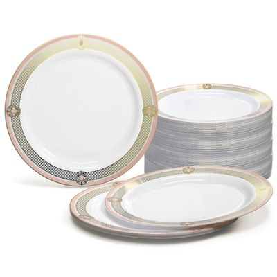 " OCCASIONS " 120 Plates Pack, Disposable Wedding Party Plastic Plates (7.5'' Appetizer/Dessert Plate, Royal in White/Blush & Gold)