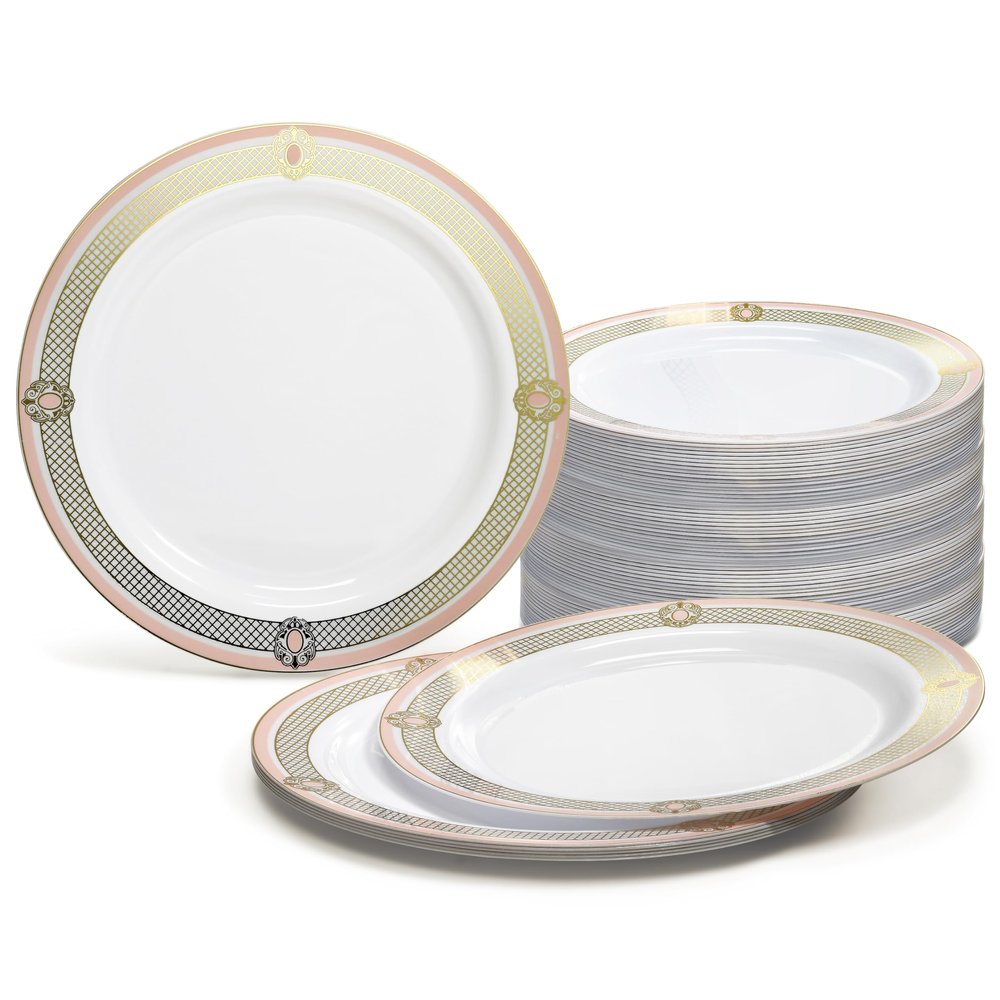 " OCCASIONS " 120 Plates Pack, Disposable Wedding Party Plastic Plates (7.5'' Appetizer/Dessert Plate, Royal in White/Blush & Gold)