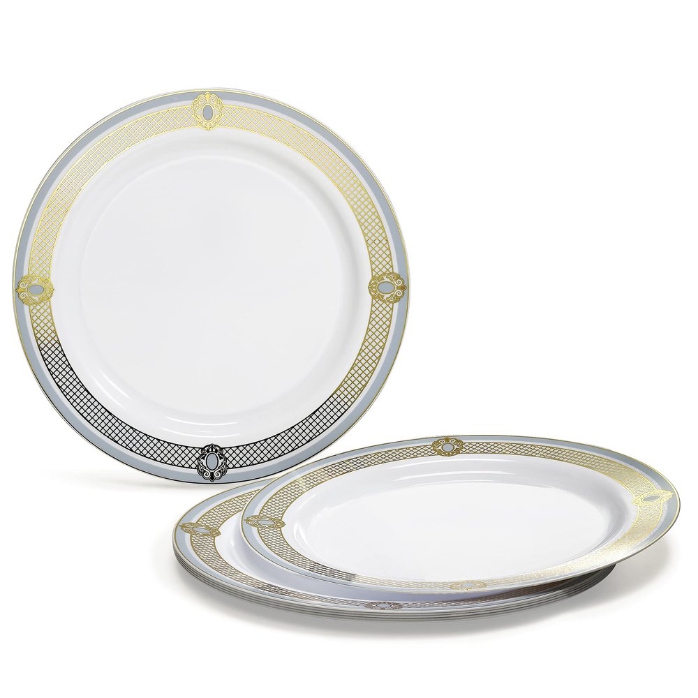 " OCCASIONS " 60 Plates Pack, Disposable Wedding Party Plastic Plates (10.25'' Dinner Plate, Royal in White/Blue & Gold)