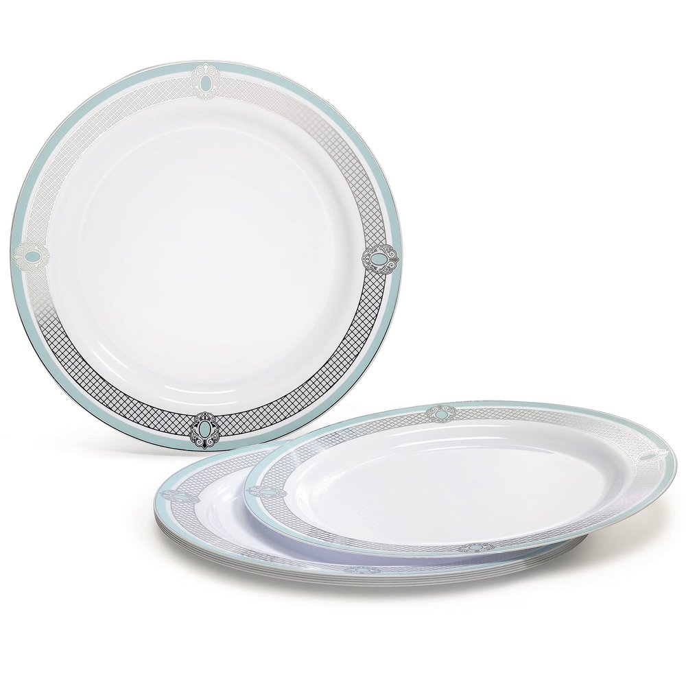 " OCCASIONS " 60 Plates Pack, Disposable Wedding Party Plastic Plates (10.25'' Dinner Plate, Royal in White/Green & Silver)