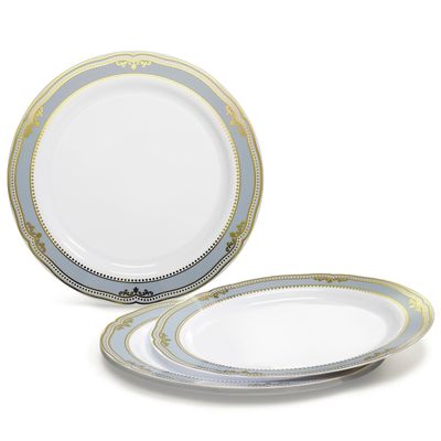" OCCASIONS " 60 Plates Pack, Disposable Wedding Party Plastic Plates (10.25'' Dinner Plate, Scalloped in White/Blue & Gold)