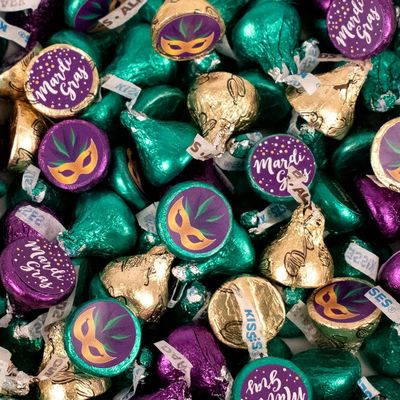 170ct Mardi Gras Stickered Chocolate Kisses in Purple, Green & Gold Foils Festive Wrapped Chocolates for Party Favors, Candy Buffets, Parades & Celebrations
