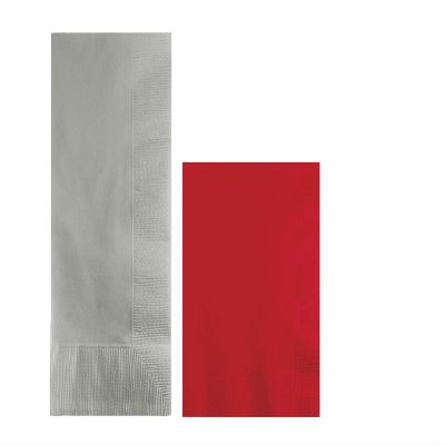 Converting Paper Bulk Party Napkin Bundle, 100 Silver Dinner and 200 Red Beverage/Cocktail Paper Napkins, Box of 300 Napkins