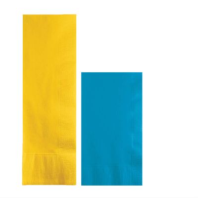 Converting Paper Bulk Party Napkin Bundle, 100 School Bus Yellow Dinner and 200 Turquoise Blue Beverage/Cocktail Paper Napkins, Box of 300 Napkins