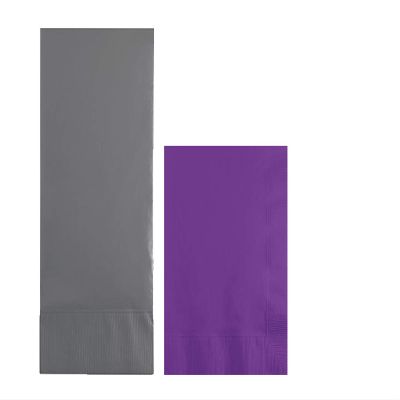 Converting Paper Bulk Party Napkin Bundle, 100 Gray Dinner and 200 Amethyst Purple Beverage/Cocktail Paper Napkins, Box of 300 Napkins