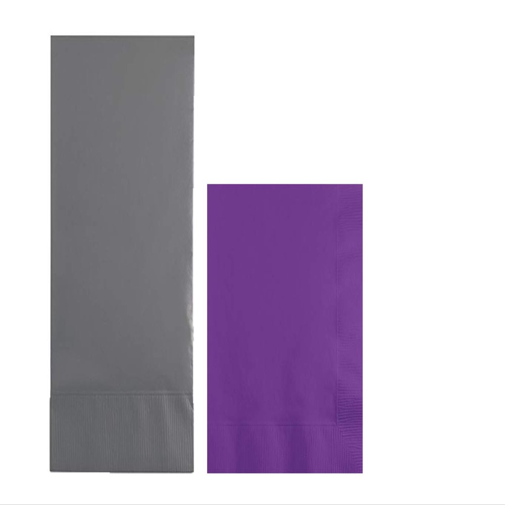 Converting Paper Bulk Party Napkin Bundle, 100 Gray Dinner and 200 Amethyst Purple Beverage/Cocktail Paper Napkins, Box of 300 Napkins