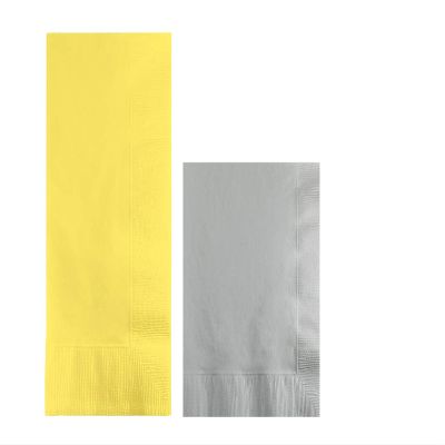 Converting Paper Bulk Party Napkin Bundle, 100 Light Yellow Dinner and 200 Silver Beverage/Cocktail Paper Napkins, Box of 300 Napkins