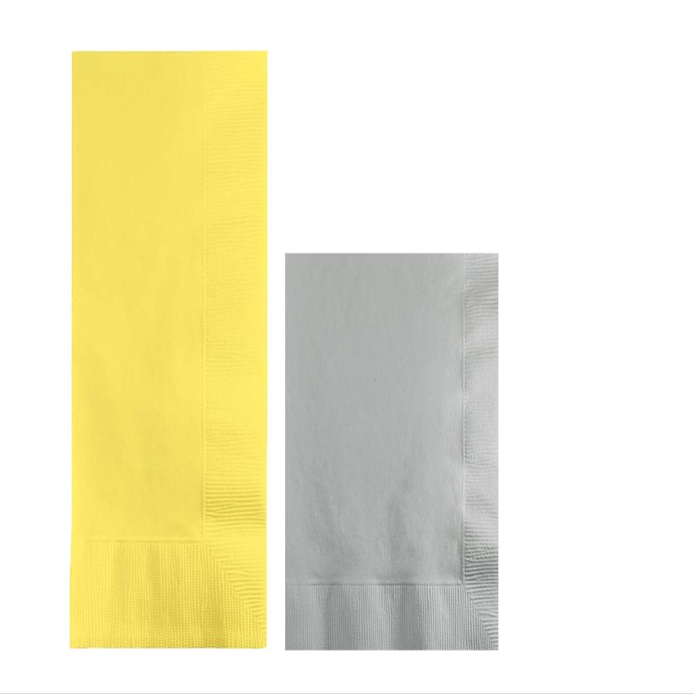Converting Paper Bulk Party Napkin Bundle, 100 Light Yellow Dinner and 200 Silver Beverage/Cocktail Paper Napkins, Box of 300 Napkins