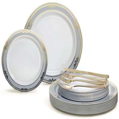 " OCCASIONS " 150pcs set (25 Guests)-Wedding Plastic Plates & cutlery -Disposable Dinnerware 10.25'', 7.5'' + Silverware w/double fork (Scalloped in White/Blue & Gold)