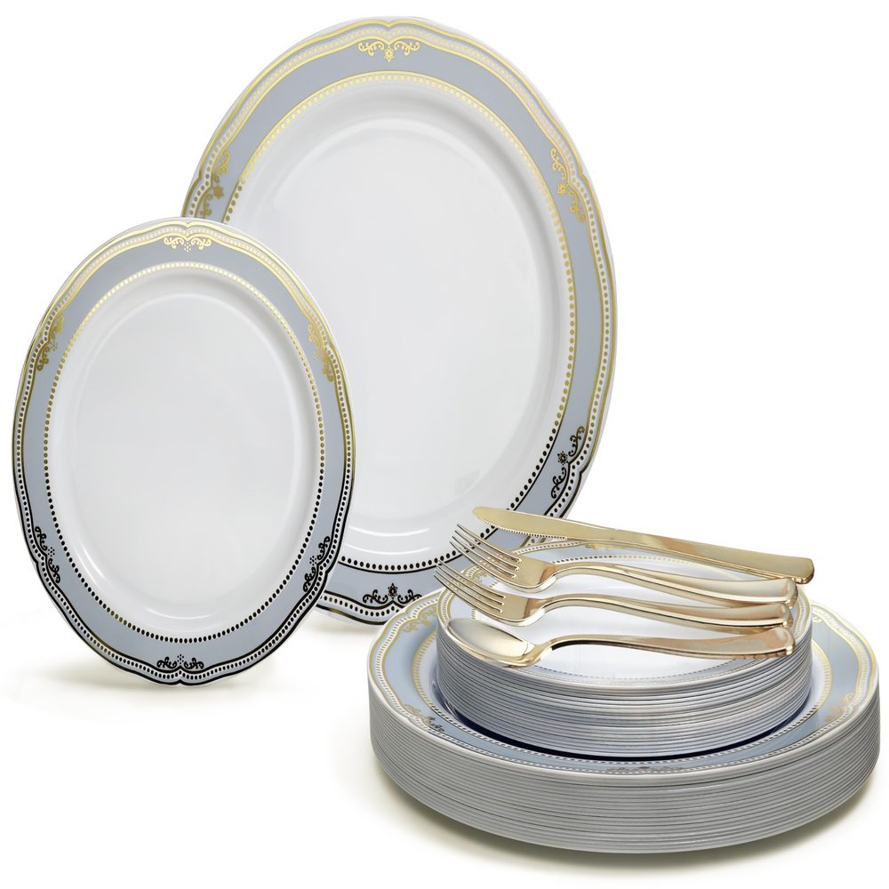 " OCCASIONS " 150pcs set (25 Guests)-Wedding Plastic Plates & cutlery -Disposable Dinnerware 10.25'', 7.5'' + Silverware w/double fork (Scalloped in White/Blue & Gold)