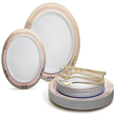 " OCCASIONS " 150pcs set (25 Guests)-Wedding Plastic Plates & cutlery -Disposable Dinnerware 10.25'', 7.5'' + Silverware w/double fork (Scalloped in White/Blush & Gold)