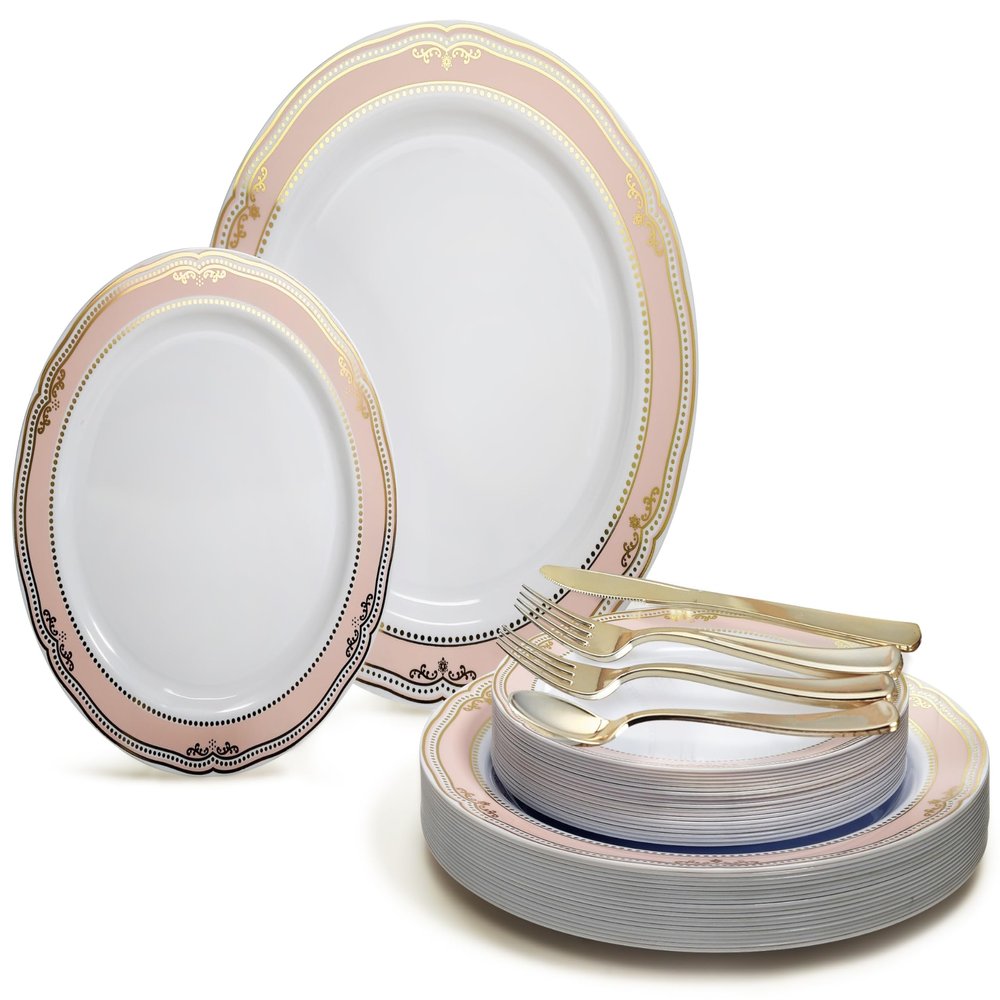" OCCASIONS " 150pcs set (25 Guests)-Wedding Plastic Plates & cutlery -Disposable Dinnerware 10.25'', 7.5'' + Silverware w/double fork (Scalloped in White/Blush & Gold)