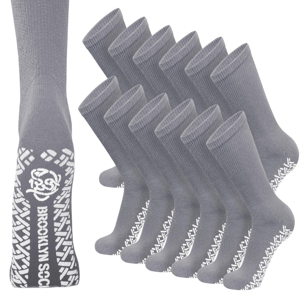 12 Pairs of Non-Skid Diabetic Crew Socks, Non Binding Top Therapeutic Cotton Gripper Socks (Grey, Size: 9-11)