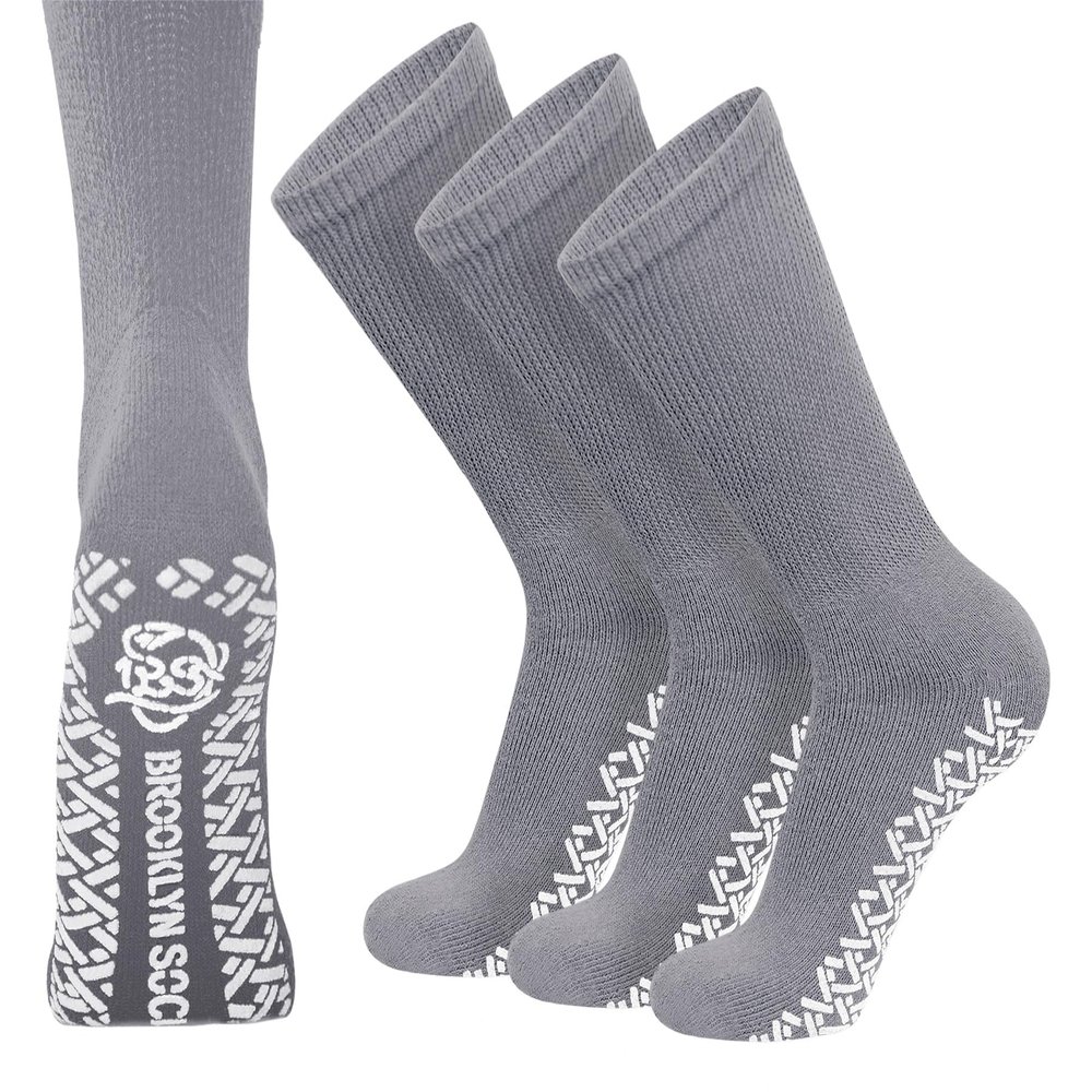 3 Pairs of Non-Skid Diabetic Crew Socks, Non Binding Top Therapeutic Cotton Gripper Socks (Grey, Size: 10-13)