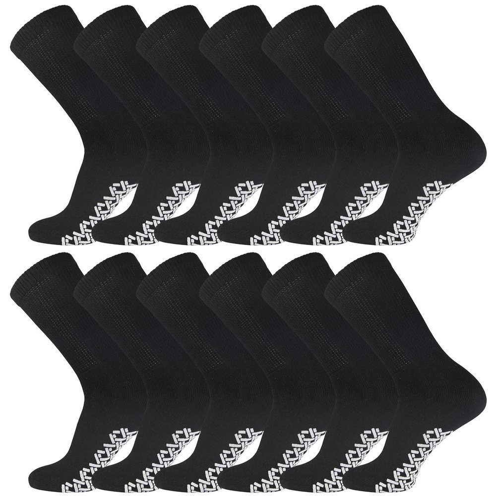 12 Pairs of Non-Skid Diabetic Crew Socks, Non Binding Top Therapeutic Cotton Gripper Socks (Black, Size: 9-11)