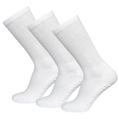 3 Pairs of Non-Skid Diabetic Crew Socks, Non Binding Top Therapeutic Cotton Gripper Socks (White, Size: 13-15)
