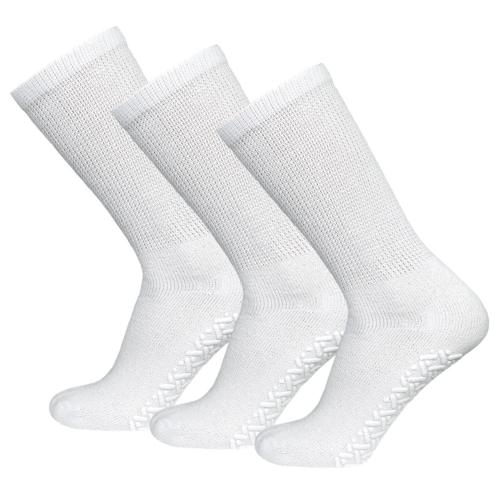 3 Pairs of Non-Skid Diabetic Crew Socks, Non Binding Top Therapeutic Cotton Gripper Socks (White, Size: 13-15)