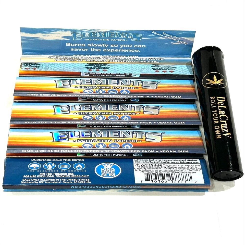 Elements King Size Blue Rolling Paper 5 packs with DeLaCruzV Tube.