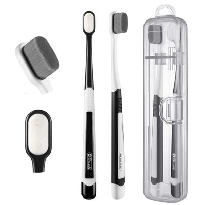 OBrush Ultra Extra Soft Toothbrush for Sensitive Gums, New Japanese 20,000 Micro Fine Nano Bristles Brush for Adults, Pregnant and Elderly, Portable Case for Travel, Black and White Color Pack of 2