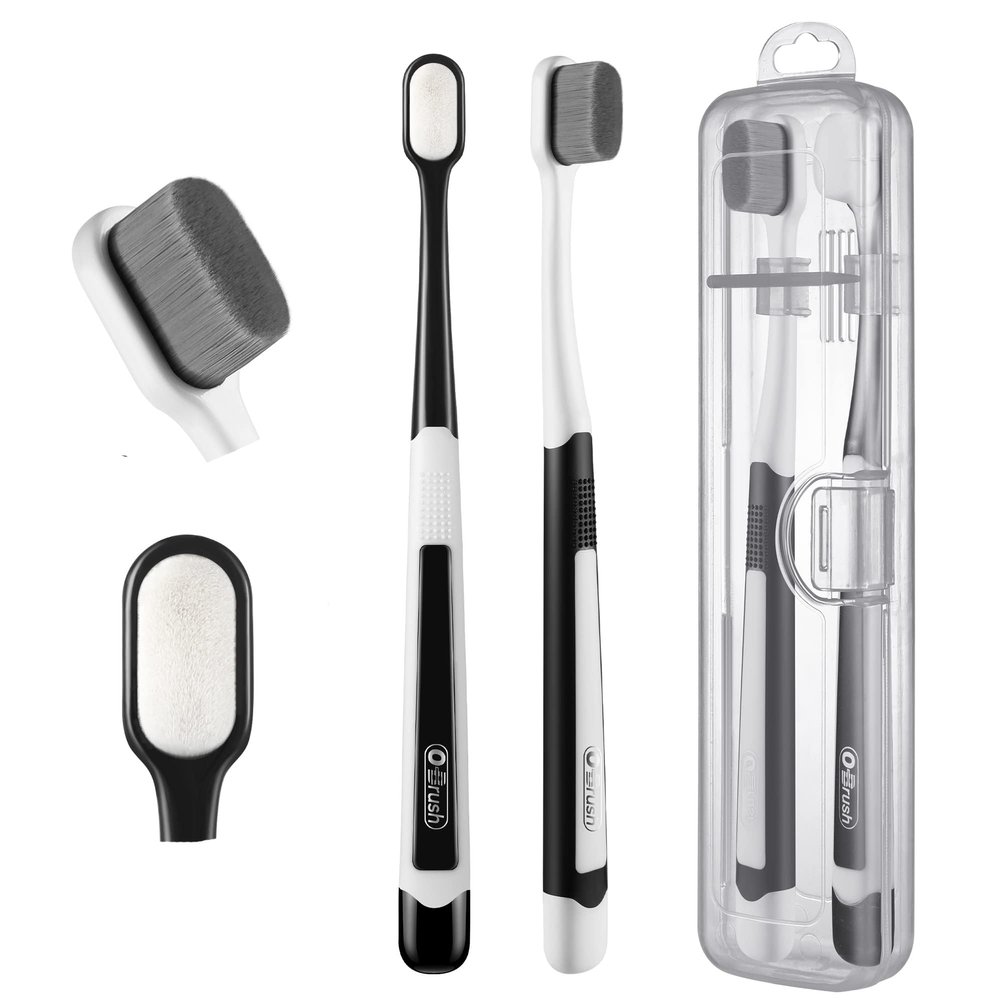 OBrush Ultra Extra Soft Toothbrush for Sensitive Gums, New Japanese 20,000 Micro Fine Nano Bristles Brush for Adults, Pregnant and Elderly, Portable Case for Travel, Black and White Color Pack of 2