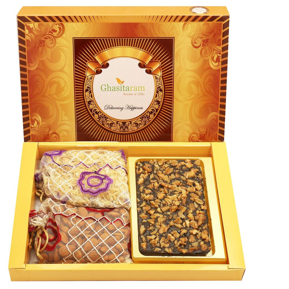 Ghasitaram Gifts Valentines Gift Valentines Day Chocolates for Girlfriend/Boyfriend/Husband and Wife Valentines Chocolate Hamper Big Box of Walnut Chocolate Bark, Almonds and Namkeen Pouch