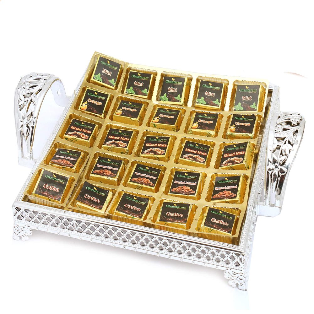 Ghasitaram Gifts Valentines Gift Valentines Day Chocolates for Girlfriend/Boyfriend/Husband and Wife Sugarfree Chocolate Silver 25 pcs Assorted Sugafree Chocolates Tray