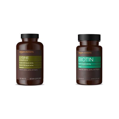 Amazon Elements Lysine Complex with Vitamin C (1500 mg L-Lysine with 100 mg Vitamin C per Serving - 3 Tablets), Supports Immune Health, Vegetarian, 195 Count (Packaging may vary) and Amazon Elements Vegan Biotin 5000 mcg - Hair, Skin, Nails, 130 Caps