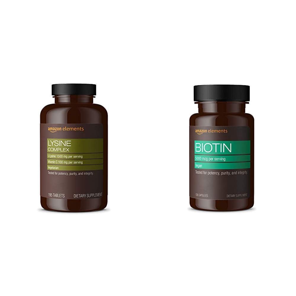 Amazon Elements Lysine Complex with Vitamin C (1500 mg L-Lysine with 100 mg Vitamin C per Serving - 3 Tablets), Supports Immune Health, Vegetarian, 195 Count (Packaging may vary) and Amazon Elements Vegan Biotin 5000 mcg - Hair, Skin, Nails, 130 Caps
