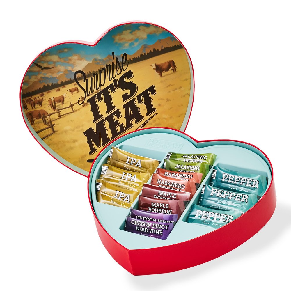 Valentines Day Gift for Men  Meat Heart with 14 Beef & Pork Sticks  Heart-Shaped Meat Snack Box for Him, Boyfriend, Husband