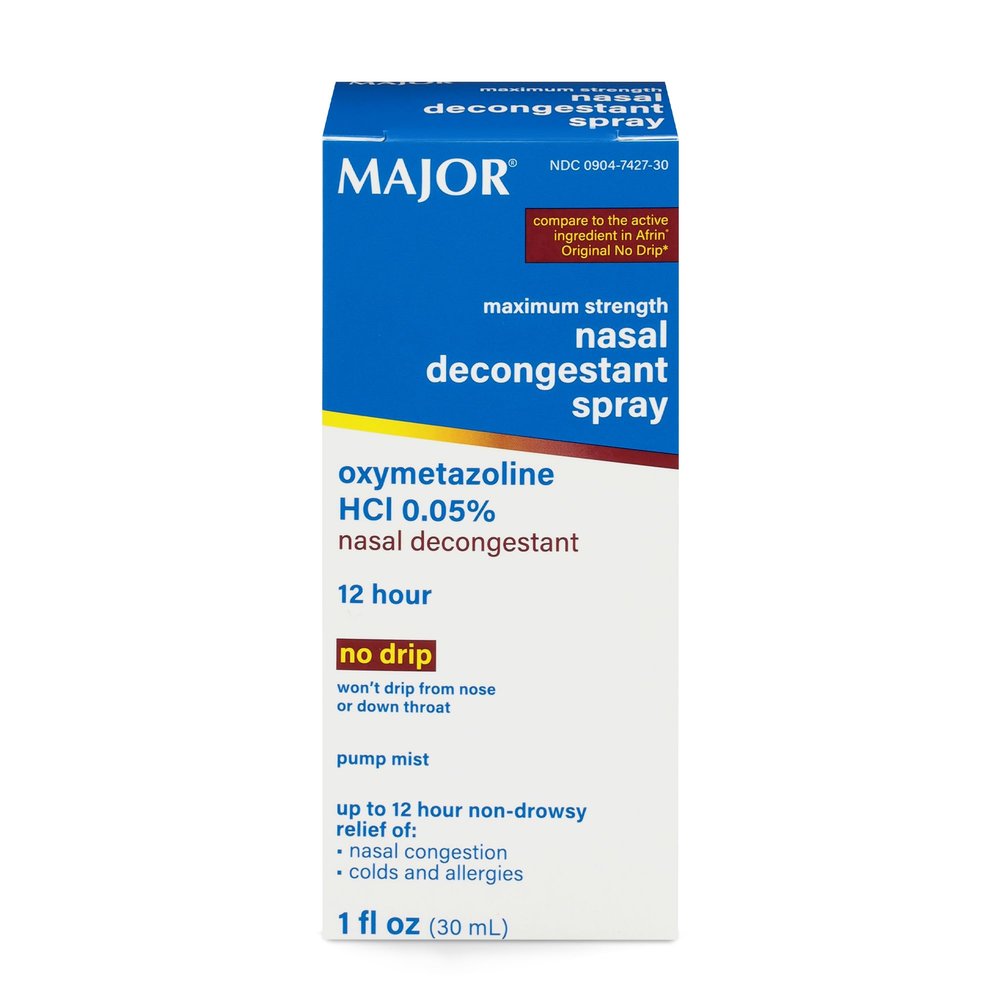 MAJOR Maximum Strength Nasal Decongestant Spray, Oxymetazoline HCl 0.05% Pump Mist, Non-Drowsy Nasal Spray, up to 12-Hour Relief from Nasal Congestion, Colds, and Allergies 1 Fl. Oz. (1-Pack)