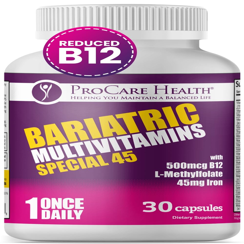 ProCare Health Bariatric Multivitamin with Iron (30 Capsule) 45mg Iron with Reduced B12 - Post-Op Bariatric Vitamins for Gastric Bypass Sleeve Patients, Sustains Recovery & Energy (1 Month Supply)
