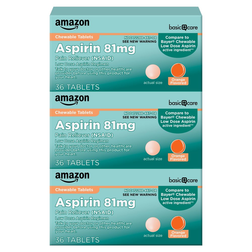 Amazon Basic Care Aspirin 81 mg Pain Reliever (NSAID) Chewable Tablets, Low Dose , Orange Flavor, 108 Count (3 Packs of 36)