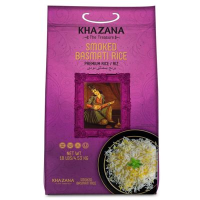 Authentic Smoked Basmati Rice by Khazana in 10 lb Bag - Aromatic and Flavorful Indian Grain - Non-GMO, Gluten Free, Kosher, Cholesterol Free