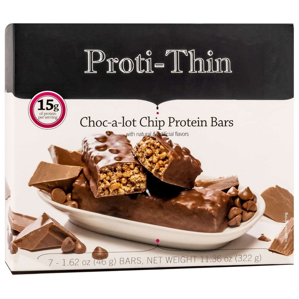 Proti-Thin Choc-A-Lot Chip Protein Bar, 15g Protein, Low Carb Diet Bar, Low Fat, No Gluten Ingredients, 7 Bars/Box