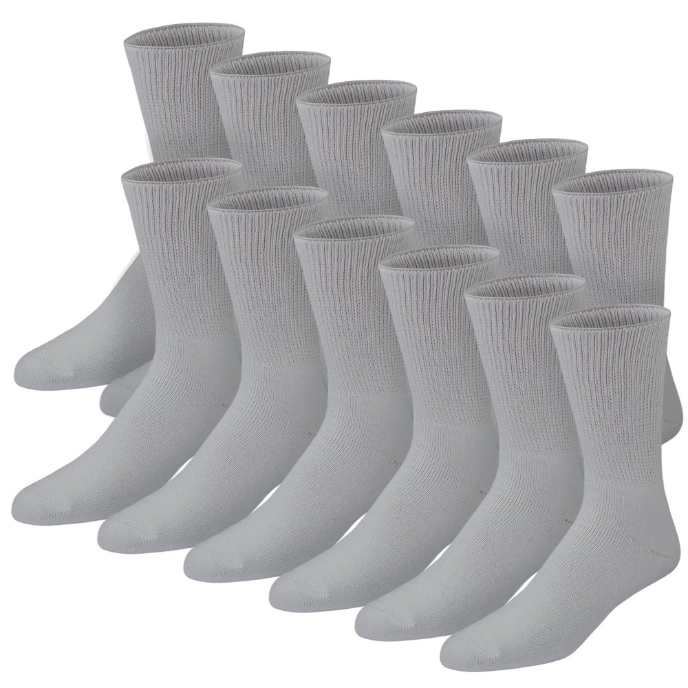 12 Pairs of Premium Cotton Loose Top Diabetic Neuropathy Crew Socks (10-13, Gray)