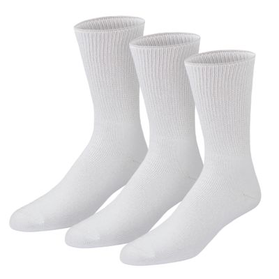 3 Pairs of Premium Cotton Loose Top Diabetic Neuropathy Crew Socks (10-13, White)