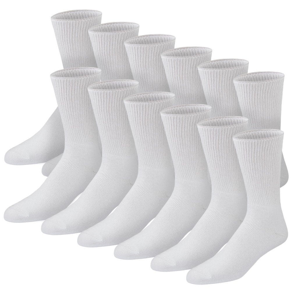12 Pairs of Premium Cotton Loose Top Diabetic Neuropathy Crew Socks (10-13, White)
