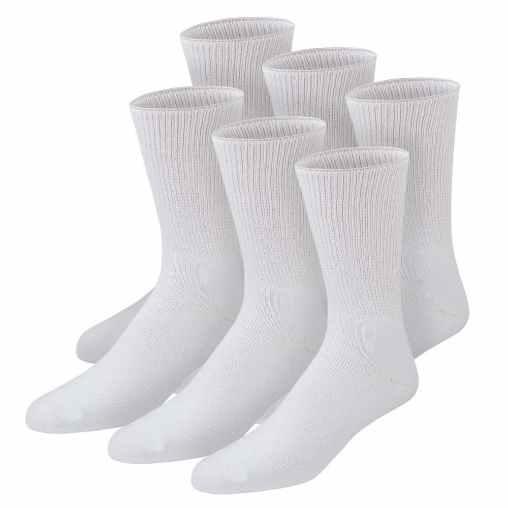 6 Pairs of Premium Cotton Loose Top Diabetic Neuropathy Crew Socks (13-16, White)