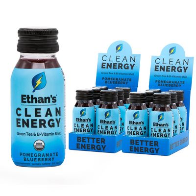 Ethan's Organic Clean Energy Shots Pomegranate Blueberry, Sugar Free Natural Pre-Workout Focus Boost, Gluten Free, Vegan, B6 & B12 Vitamin C with Green Tea Extract and Guayusa (12 Pack of 2oz Shots)
